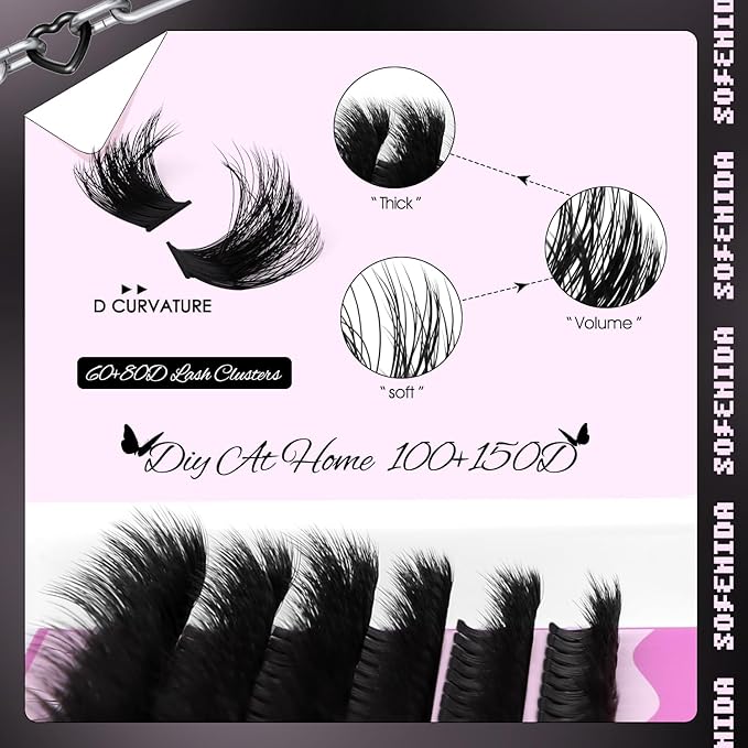 SOFENIDA Lash Clusters Eyelash Clusters 100D+150D Thick Volume Cluster Eyelash Extensions D Curly Cluster Lashes 10-18mm Wispy Lash Clusters DIY Lash Extension (100D+150D-10-18MIX Lashes)