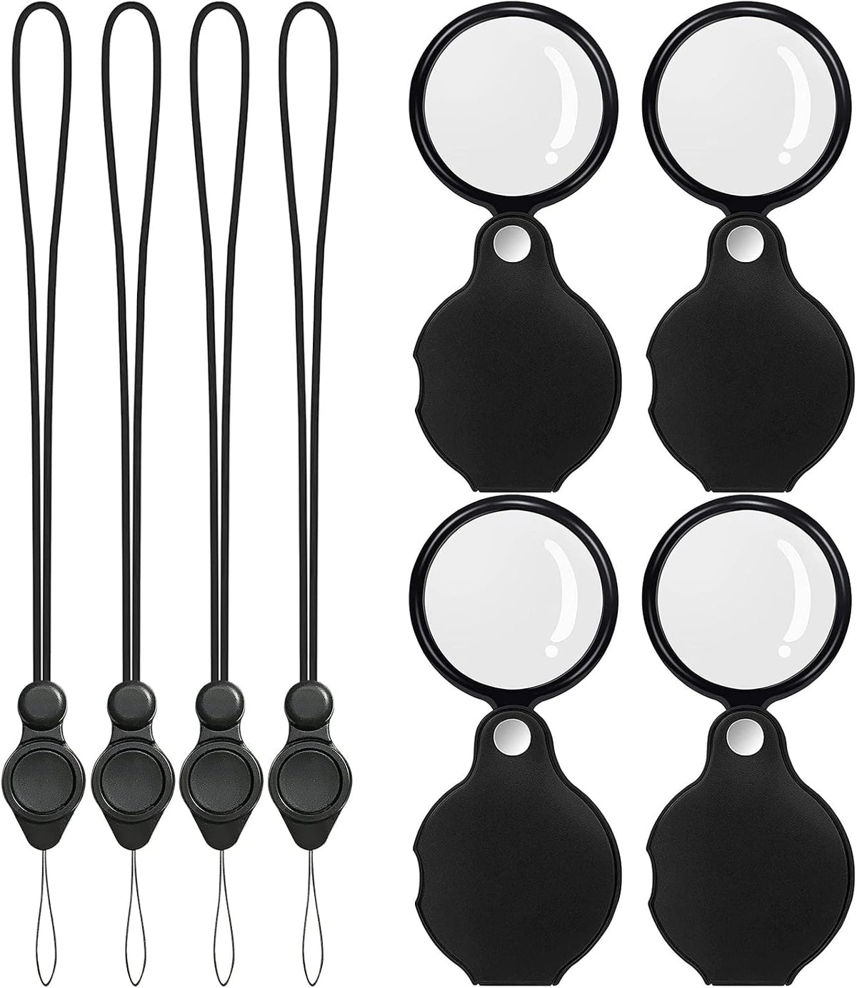 SAYEEC 4 Pcs 10X Small Magnifying Glass for Reading, Pocket Magnifier Folding Magnify Glass with Rotating Protective Leather Sheath and 4 Pcs Lanyard, Mini Magnifying Lens for Books Jewelry Coins Gems