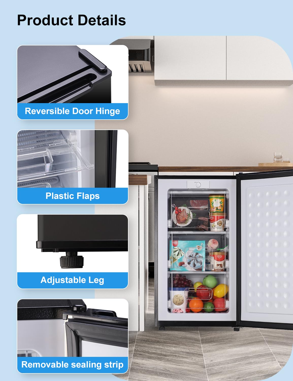 Upright freezer 3.2 Cu.Ft Mini Freezer with Reversible Door - Stand Up Freezer w/3 Adjustable Thermostat - Freestanding Compact freezer w/3 Plastic Baffles for Kitchen/RV/Dorm/Apartment,Ultra-Quiet