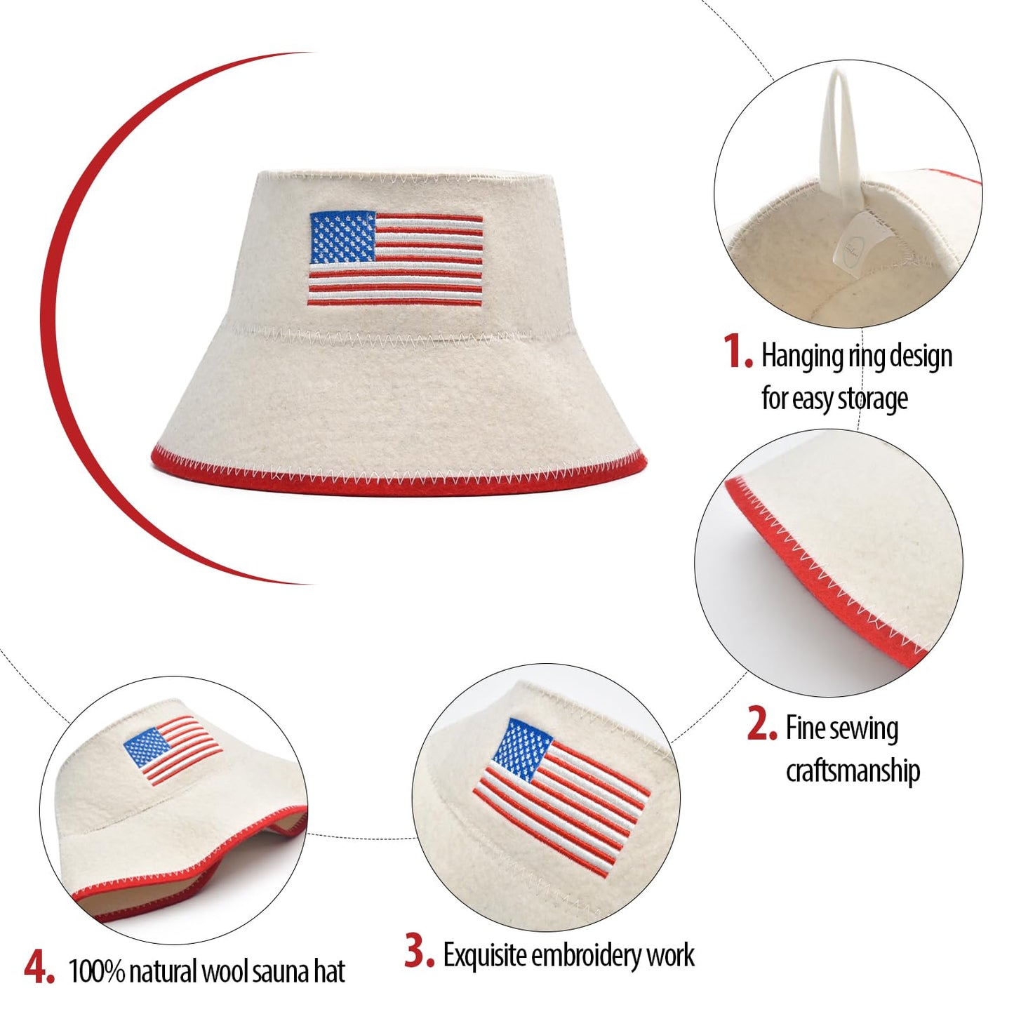 Halsa Sauna Hat, Natural Wool Sauna Cap for Men and Women, USA Flag, Eco-Friendly Insulating Headgear for Spa, Steam Room, Banya, Bathhouse - Comfortable, Breathable, Handmade - One Size Fits All
