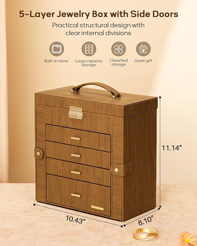 Homde Synthetic Leather Huge Jewelry Box Mirrored Watch Organizer Necklace Ring Earring Storage Lockable Gift Case (Brown + Gold)