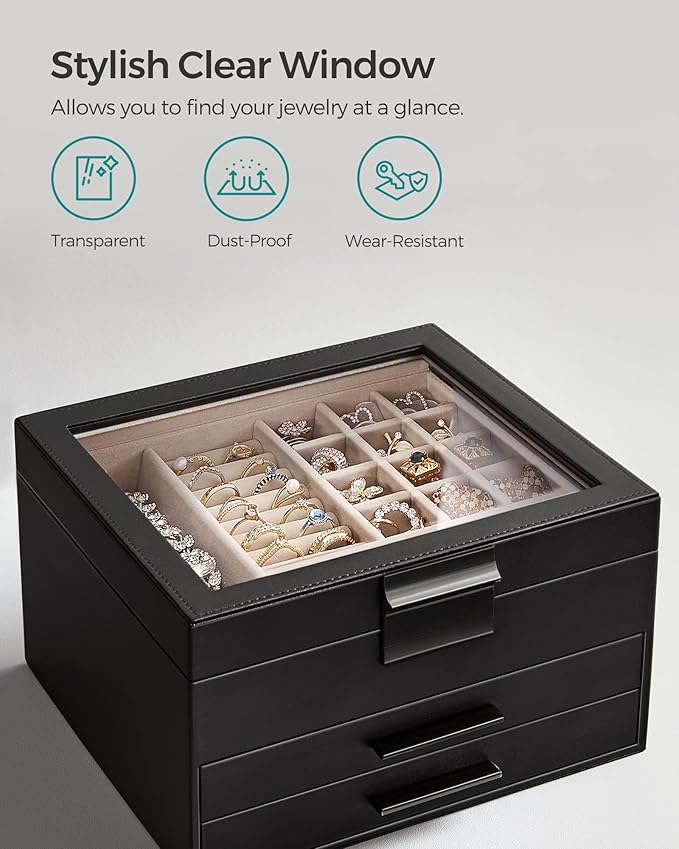 SONGMICS GISELLA Collection - Jewelry Box Organizer, 3-Layer Jewelry Storage with 2 Drawers, Shiny Metal Hardware, Glass Lid, Modern, 8 x 9.1 x 5.3 Inches, Ink Black and Silver UJBC239BK