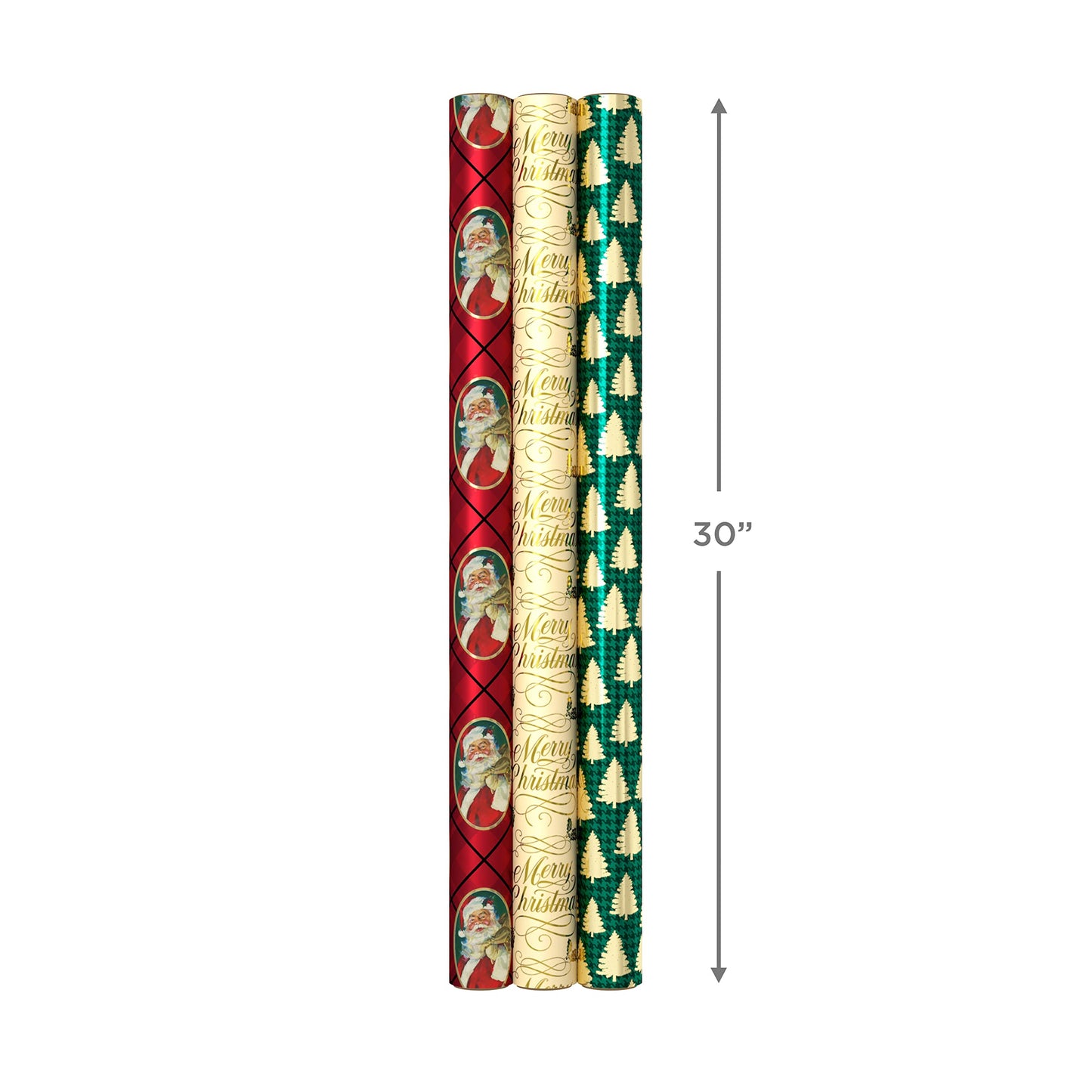 Hallmark Foil Christmas Wrapping Paper with Cut Lines on Reverse (3 Rolls: 60 sq. ft. ttl) Classic Santa Claus, Gold Merry Christmas, Green Plaid with Gold Trees
