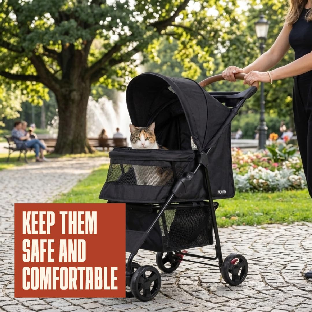 Pet Stroller for Small Dogs & Cats, Foldable Pet Stroller with Breathable Mesh, Storage Basket & Cup Holder, Lightweight 4-Wheel Dog Stroller, Portable Travel Pet Carrier (Up to 35 lbs)