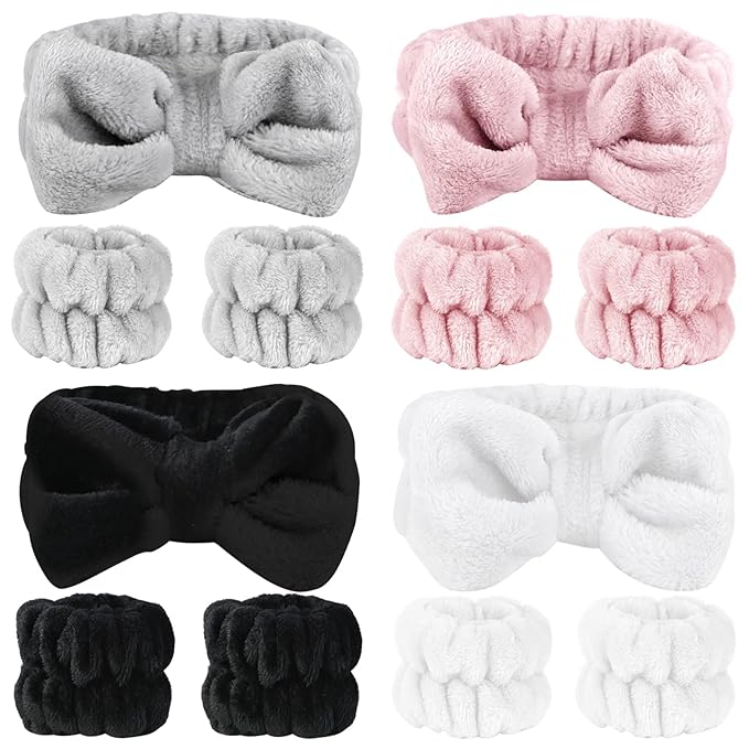 12 PCS Face Wash Headband Wristband Set for Women Girls, Soft Microfiber Facial Spa Hair Wraps Makeup Skincare Bath Headbands Wrist Bands for Washing Face（White, Pink, Gray, Black）
