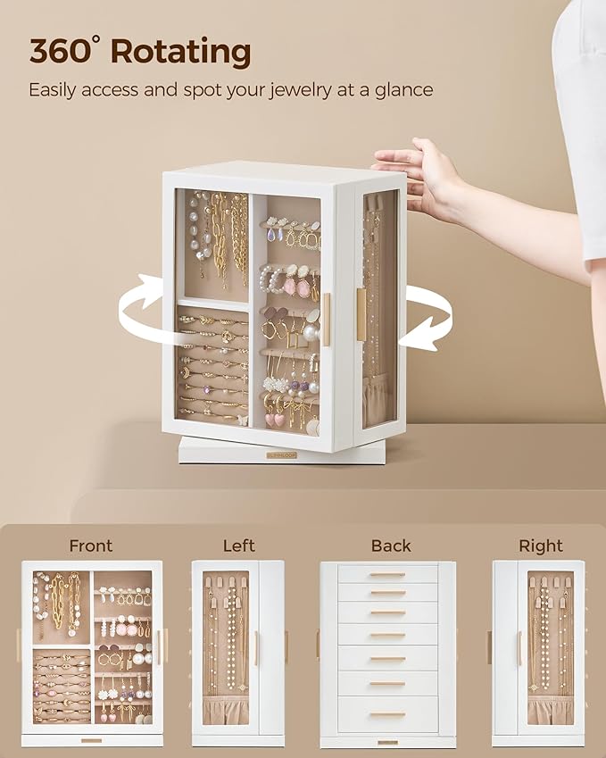 Glimmloop 360ÃÂ° Rotating Jewelry Box with 7 Drawers, Spacious Vertical Jewelry Organizer with Glass Window, Jewelry Storage Case, Dustproof & Moisture-resistant Design, White