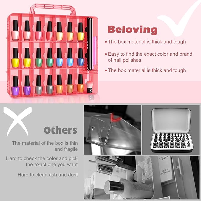 Beloving 2pcs Nail Polish Organizer, Portable 48 Bottles Clear Nail Polish Holder with Adjustable Divider, Gel Nail Polish Storage Double Side Nail Polish Organizer Case for Nail Tech Pink