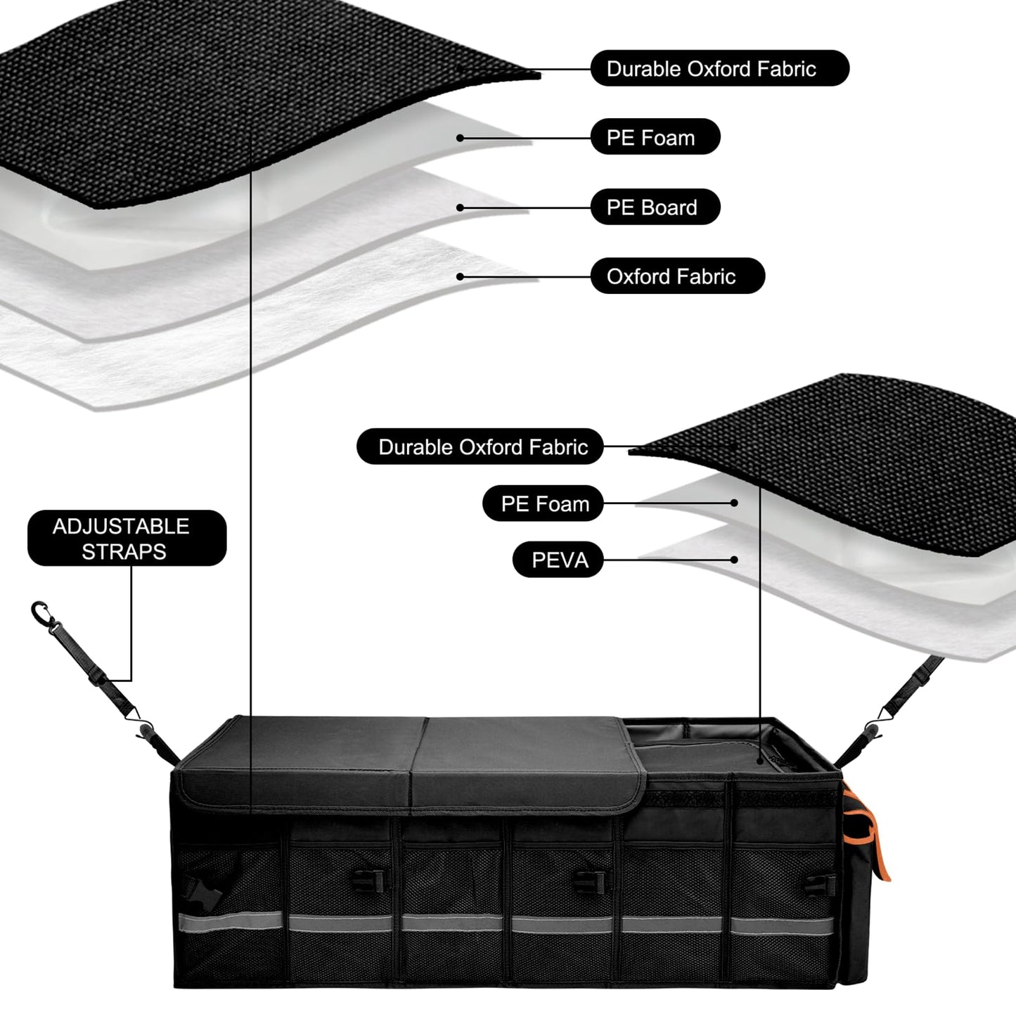 Car Trunk Organizer and Storage with Lid & Removable Leakproof Cooler Bag, Car Accessories 6 Removable Dividers for Custom Space, Collapsible Large Trunk Organizers Interior for SUV Sendan with Cover