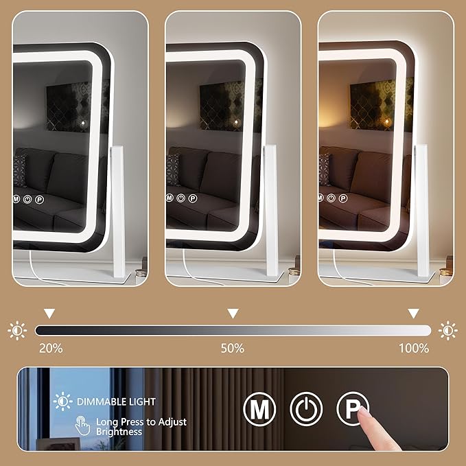 Vanity Mirror with Lights 15"×13", Led Makeup Mirror, Lighted Makeup Mirror with 3 Color Dimmable Lights, Smart Touch Screen Control, 360°Rotation