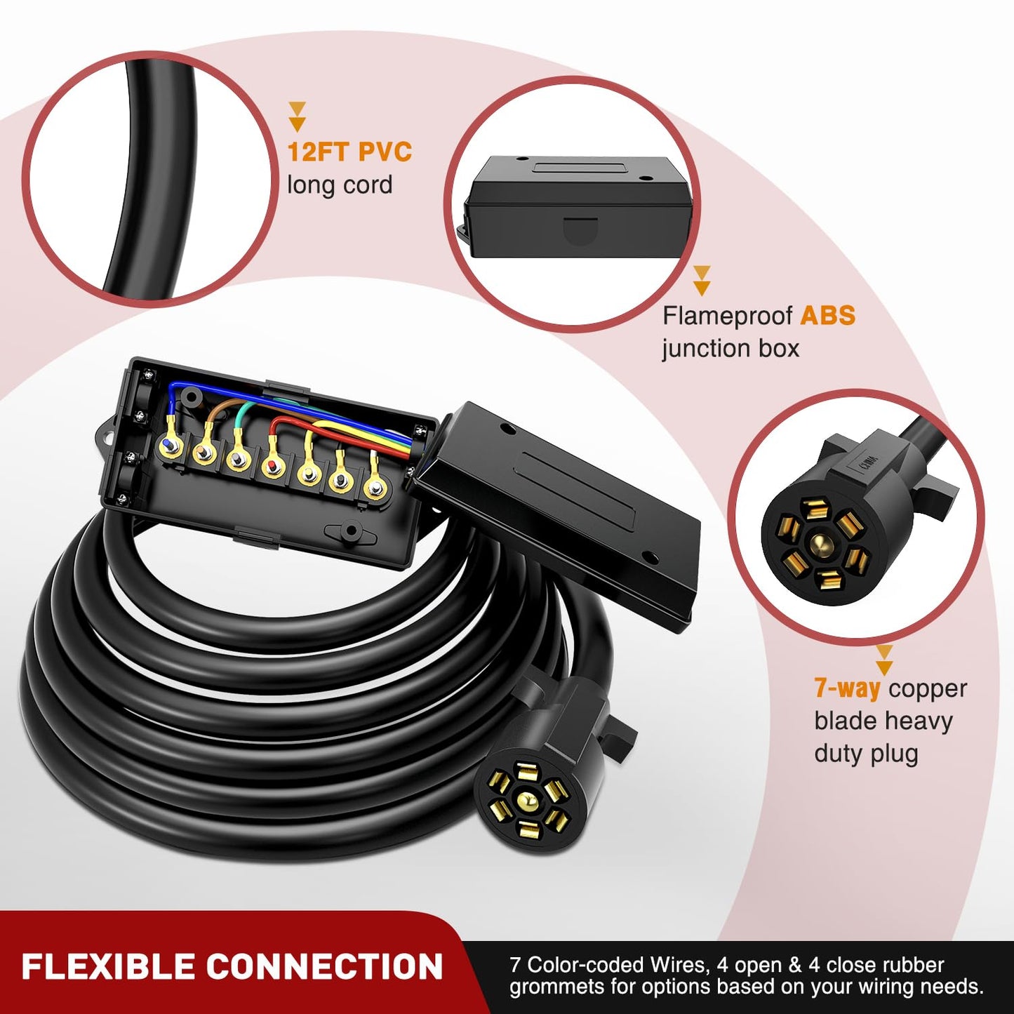 Nilight Heavy Duty 7 Way Inline Trailer Plug with 7 Gang Weatherproof Junction Box - 12 Feet Connector Cable Wiring Harness Suitable for RV Automotives Cars