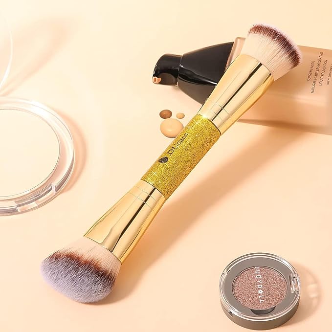 DUcare Dual End Foundation Contour Bronzer Brush, Gold Glitter Handle Double Ended Professional Face Makeup Tool for Liquid Cream Powder