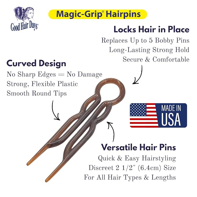 Good Hair Days Hair Pins - 2 1/2" Plastic, U-shaped Magic Grip Hairpins, Strong Durable Pins For Fine, Thick & Long Hair, Styling Accessories - Tortoise Shell, Set of 10