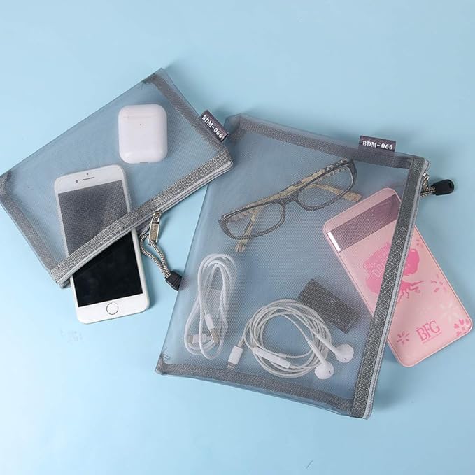 HRX Package Nylon Mesh Cosmetic Bags Zipper Pouches, 6PCS Gray Makeup Pouches Travel Organizer Case for Purse Diaper Bag (A5 x 3pcs, A6 x 3pcs)