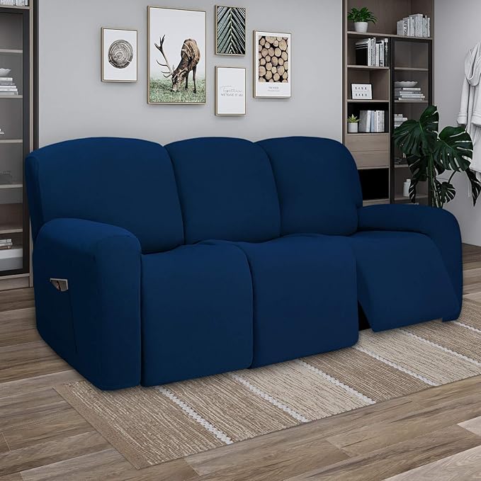 PureFit Super Stretch 3 Seats Recliner Chair Sofa Couch Cover with Pocket – Non Slip Soft Sofa Slipcover, Washable Spandex Reclining Furniture Protector for Kids, Pets (Recliner Sofa, Navy)