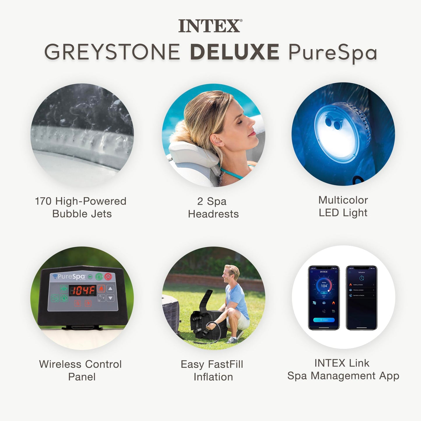 INTEX PureSpa Greystone Deluxe 6 Person Square Inflatable Hot Tub, Bubble Massage Spa Set with Energy Efficient Cover, 2 Headrests, & LED Light, 77 in x 28 in