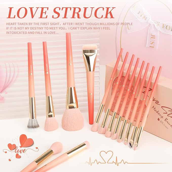 DUcare Valentine's Day Gift Makeup Brushes 14Pcs Love Makeup Brush Set Premium Synthetic Kabuki Foundation Blending Face Powder Blush Concealers Eye Shadows Brushes