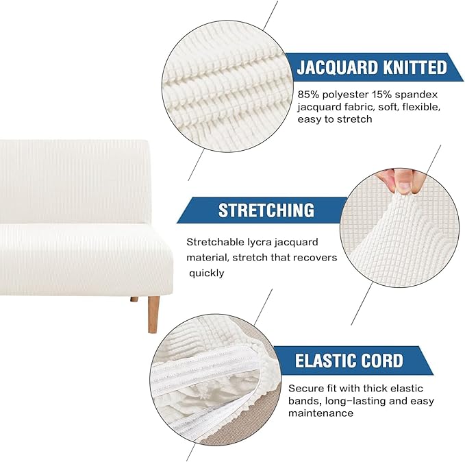 H.VERSAILTEX Armless Futon Cover Stretch Sofa Bed Slipcover Protector Elastic Feature Rich Textured High Spandex Small Checks Jacquard Fabric Futon Cover, Machine Washable, Porcelain White