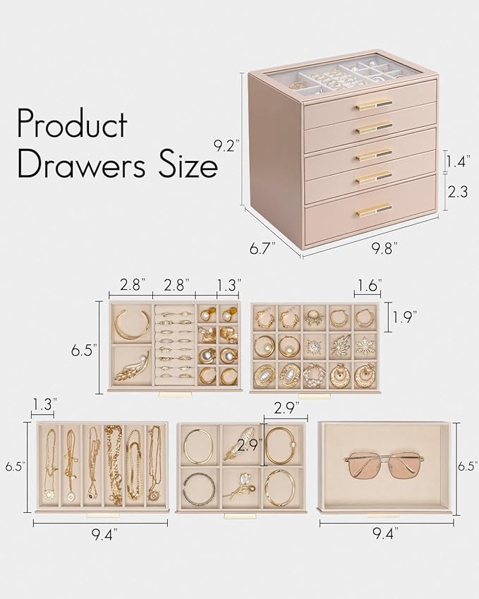 VLANDO 5 Layer Jewelry Box for Women, Glass Lid Jewelry Organizer with 5 Drawers for Necklaces Rings Earrings Bracelets - Toffee