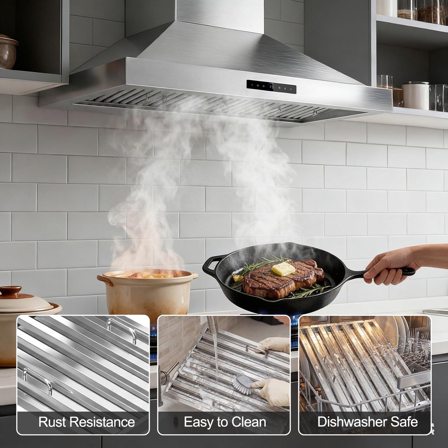 [Upgrade DC Motor] 48 Inch Range Hood Wall Mount, 1500 CFM with 6-Speed Gesture Sensing & Touch Control, Stainless Steel Ducted Kitchen Stove Vent Hoods with 4 Adjustable LED, Auto Delay Shut-Off