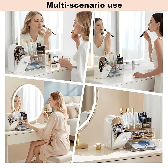 Makeup Organizer for Vanity with Covered Brush HolderÃ¯Â¼ÂBathroom Organizers with DrawerÃ¯Â¼ÂSkin Care OrganizerÃ¯Â¼ÂMakeup Organizers for Vanity with DrawerÃ¯Â¼ÂLarge Makeup Storage for Dresser, White