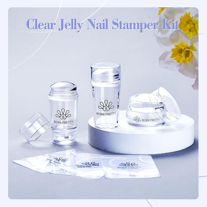Born Pretty French Tip Nail Stamp, 6PCS Art Stamper With Scrapers, Silicone Stamping Long & Short Jelly Stamper Kit for French Manicure Home DIY Art Salon