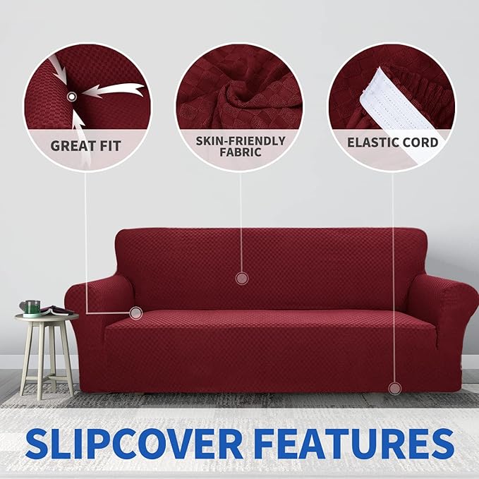 ZNSAYOTX 1 Piece Jacquard Chair Slipcovers for Living Room High Stretch Chair Covers with Arms Anti Slip Pets Friendly Couch Sofa Armchair Cover Furniture Protector (Chair, Wine Red)