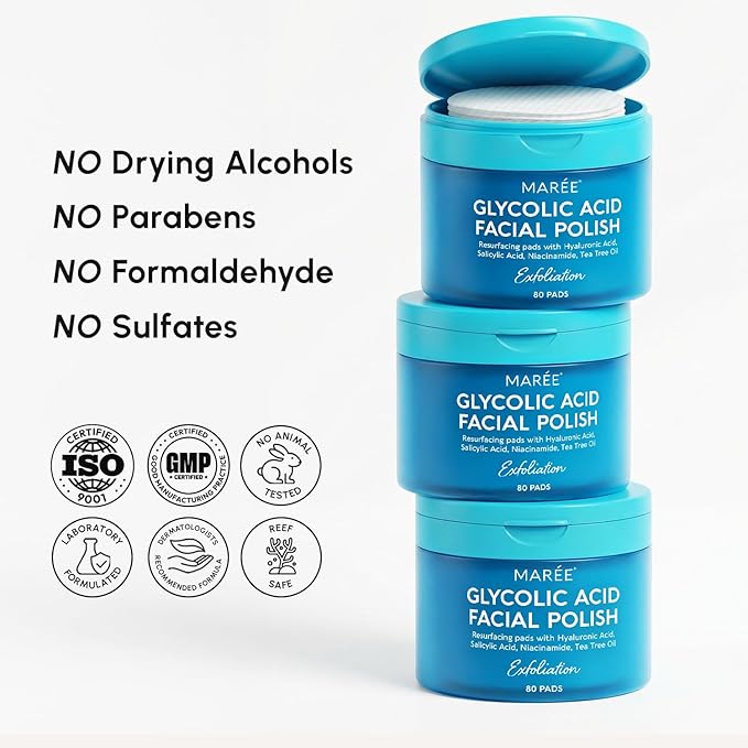 MAREE Glycolic Acid Pads Ã¢ÂÂ Toner Pads for Face Cleansing Ã¢ÂÂ Exfoliating Pad with Tea Tree Oil, Salicylic Acid & Vitamins E, B3, B5 Ã¢ÂÂ Acne Clearing, Skin Pore Resurfacing & Radiance Device - 80 Count