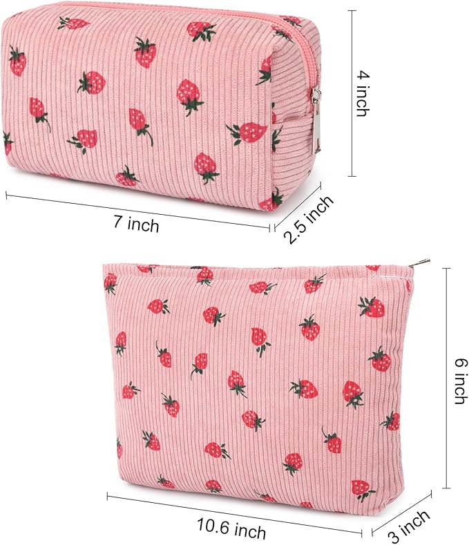SOIDRAM 2 Pcs Makeup Bag Large Cosmetic Bag Toiletry Bag Makeup Pouch Travel Bag Organizer Cute Makeup Brushes Aesthetic Accessories Storage Bag for Women Pink Strawberry
