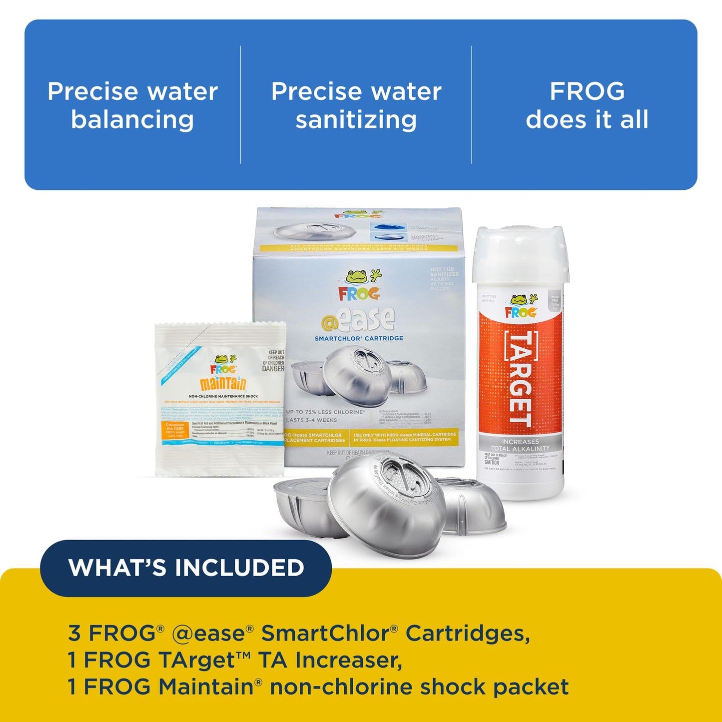 FROG @Ease Replacement SmartChlor Cartridge 3 Pack with Total Alkalinity Increaser & 1 Pack of Maintain for use with Hot Tub FROG @Ease Floating System