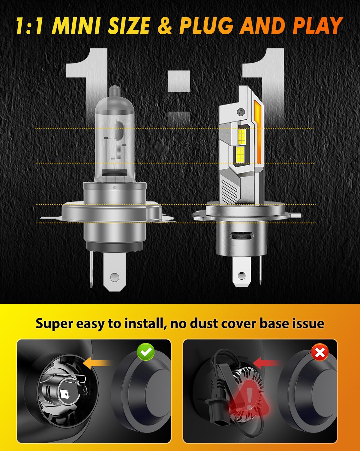 Termitor H4/9003/HB2 LED Bulbs, 50,000LM 1200% Ultra Brighter, 6500K Cool White, 85000Hrs Long Life with Cooling Fan, 1:1 Halogen Size, Plug and Play, H4 Fog Lights Bulbs, Pack of 2