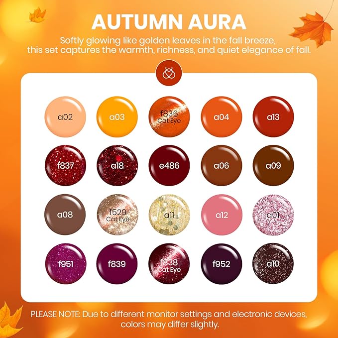 Beetles Gel Nail Polish Set – Autumn Aura 20 Colors Gel Polish Kit, Burgundy Red Brown Yellow Orange Purple Cat Eye & Glitter Soak Off UV LED Manicure with Base Glossy Matte Top Coat