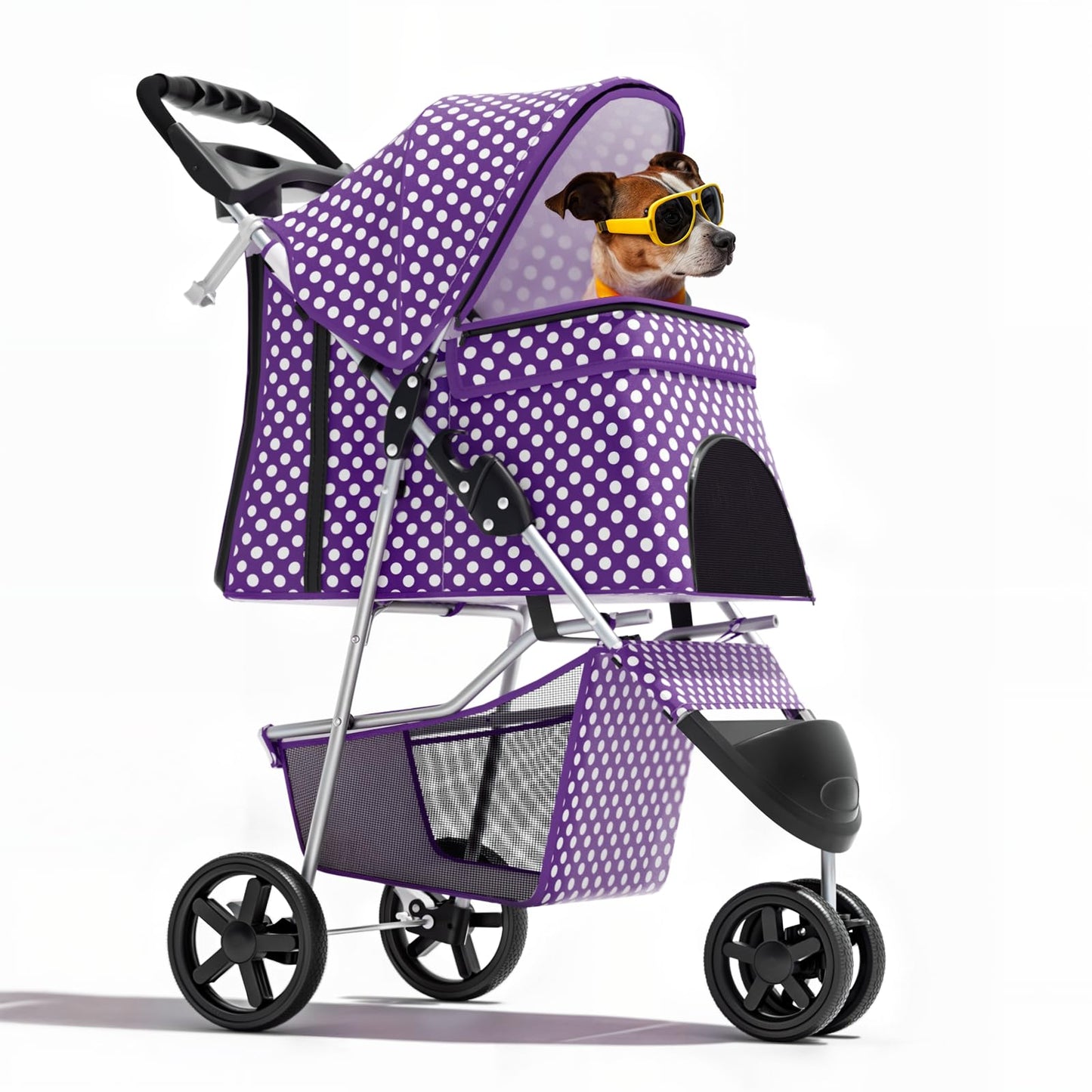 Magshion 3-Wheel Pet Stroller, Foldable Travel Jogger for Small & Medium Dogs & Cats (Up to 33lbs), Lightweight Carrier with Breathable Mesh Cover, Cup Holder & Storage Basket, Purple Polka Dots