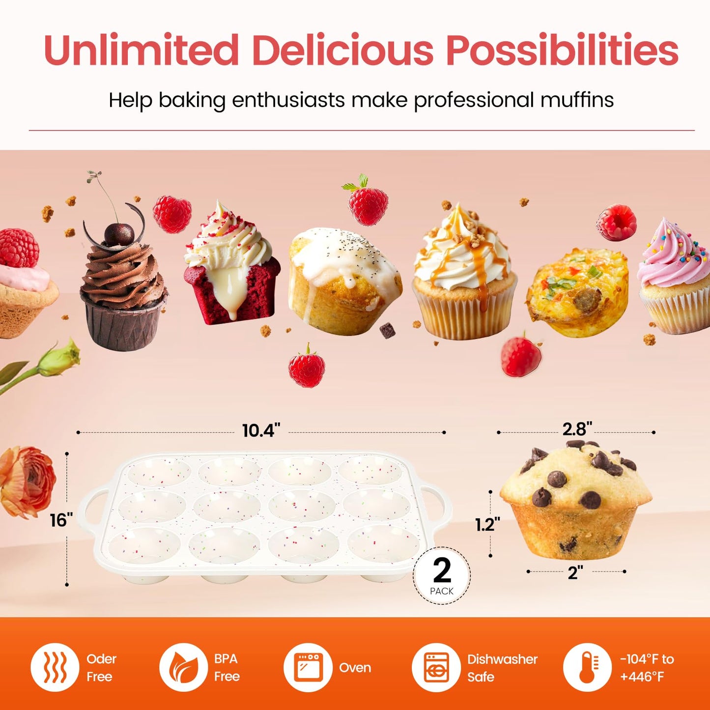 Fimary Silicone Muffin Pan with Metal Reinforced Frame - 12 Cups Muffin Pan With 24 Cups for Homemade Muffins, Cupcakes, Oven and Dishwasher Safe - Set of 2, Rainbow Dots