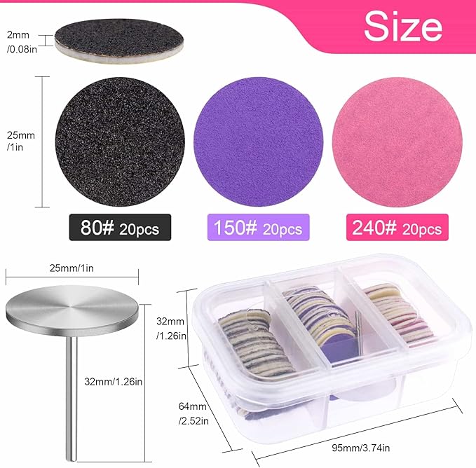 Sanding Paper Discs with Metal Nail Drill Bit Foot Sandpaper Discs 25mm Foot File Sandpaper Discs #80#150#240 Grits for Manicure Pedicure