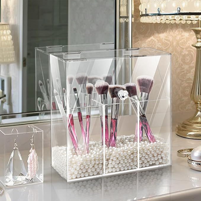 Okllen Makeup Brush Holder with Dustproof Lid, White Pearls, Acrylic Clear Makeup Brush Organizer with 3 Compartment, Large Cosmetic Brush Storage Box Case for Vanity, Bathroom, Bedroom