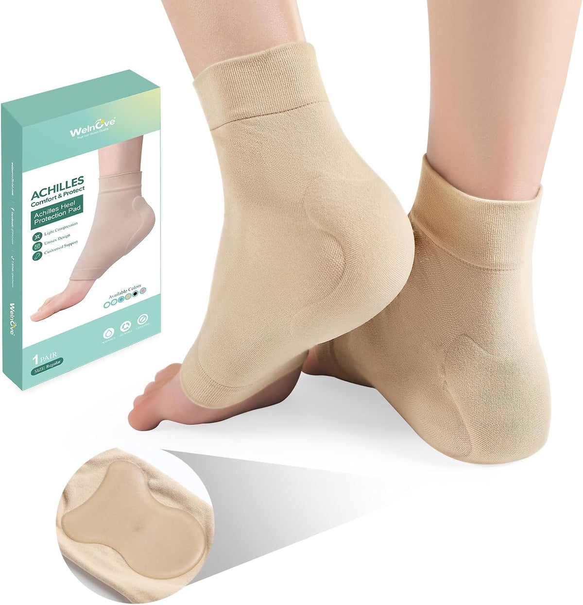 Welnove Achilles Tendonitis Heel Protector Socks - 4 Pcs Achilles Tendon Support Compression Socks - Gel Padded Sleeve for Cushion & Protection of Bursitis, Tenderness, Dry Cracked (Beige,Larger)