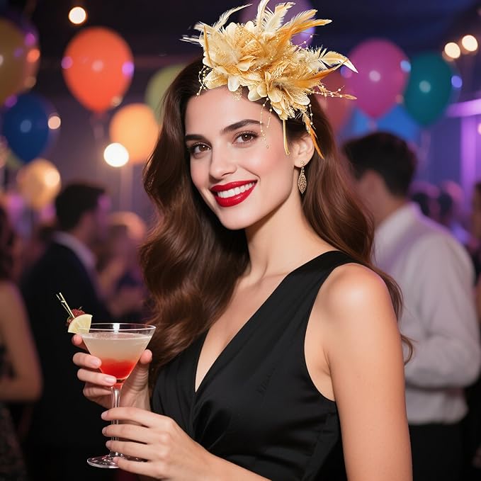 Womens Fascinators Hats Tea Party Hats for Women, Feather Pearl Veil Headband for Wedding Cocktail Dresses Accessories