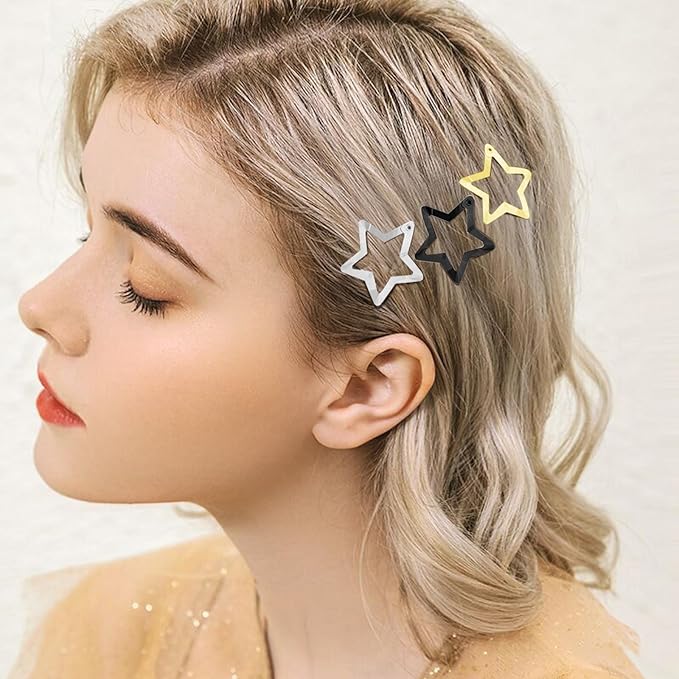 Star Hair Clips 2000s Y2K Snap Hair Barrettes Non Slip Star Hair Accessories Black Gold Silver Metal Hair Clips for Girls Women -15 PCS 1.18"