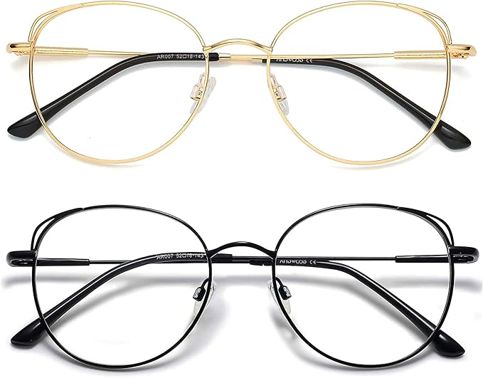 ANDWOOD Blue Light Blocking Glasses Women Cat Eye Computer Eyeglasses Metal Frame Hipster 2 Pack