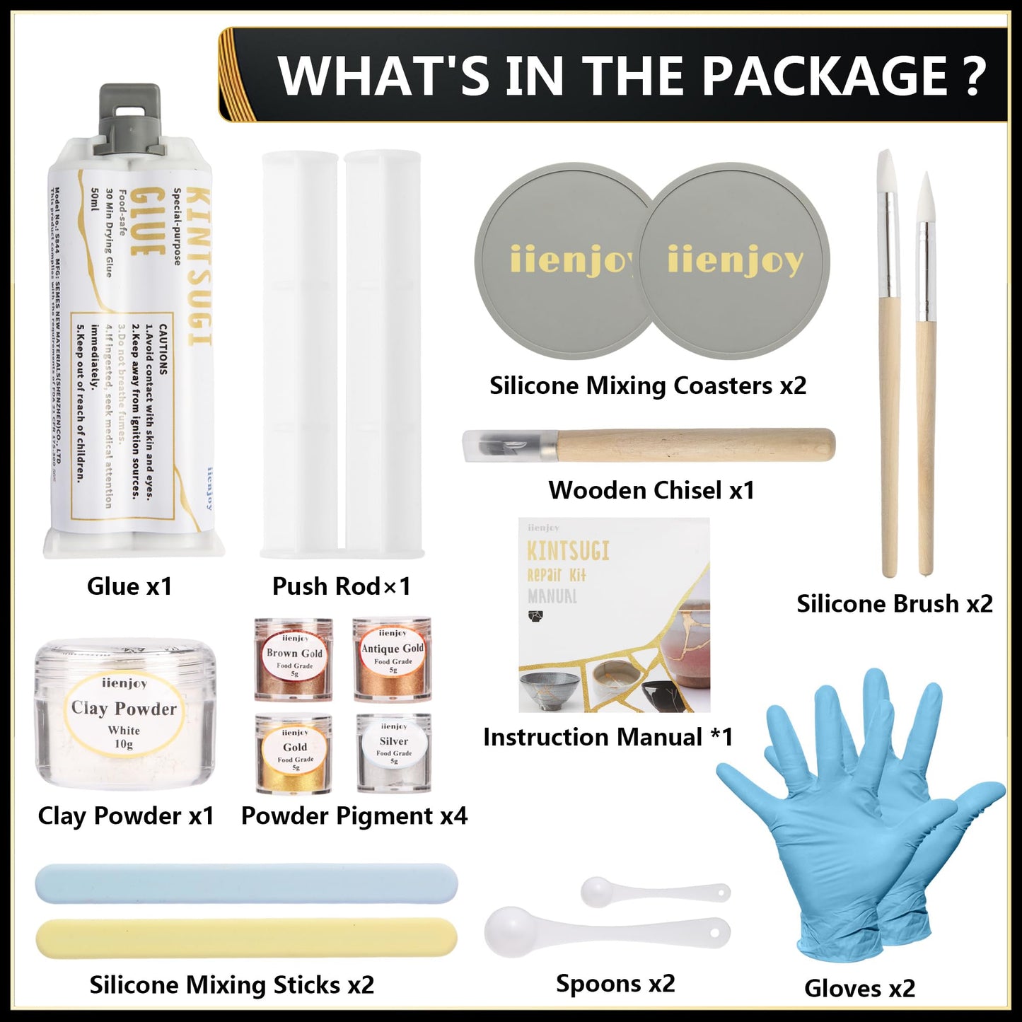 iienjoy Kintsugi Repair Kit, 4 Colors Food Safe Kintsugi Kit Repairs Broken Ceramics, Jade, Glass, Meaningful Pottery, Kintsugi Gold Glue for Ceramics and Porcelain Repair Perfect for Beginners