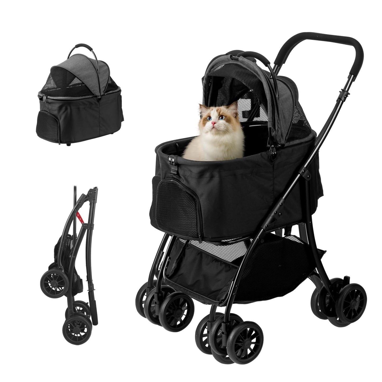 COOLCRAB Pet Stroller Quickly Folds for Easy Storage Cat Stroller with Detachable Carrier Thickened Oxford Cloth Breathable Basket Dog Strollers for Small Dogs (Grey)