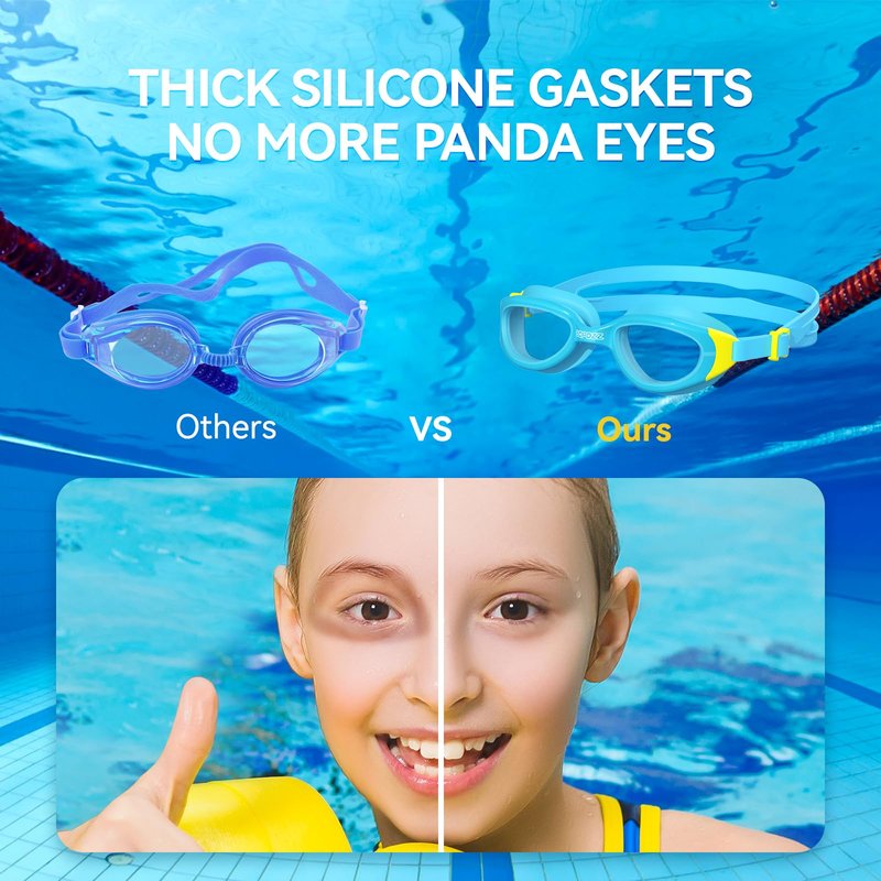 COPOZZ Kids Swim Goggles | Anti-Fog & HD | Comfy 3D Fit | Durable Unisex-Child Swimming Goggles for Boys & Girls Ages 3-14