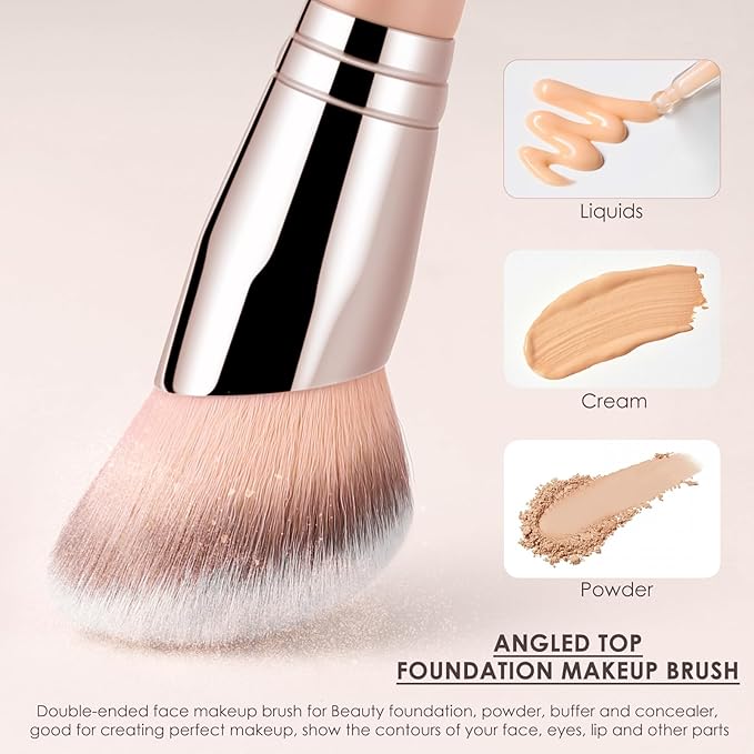 KINGMAS Foundation Brush, Dual-Ended Angled Makeup Brush for Foundation and Contour Blending Liquid Powder, Concealer Cream Cosmetics Blush, Cruelty Free Vegan (Pink)