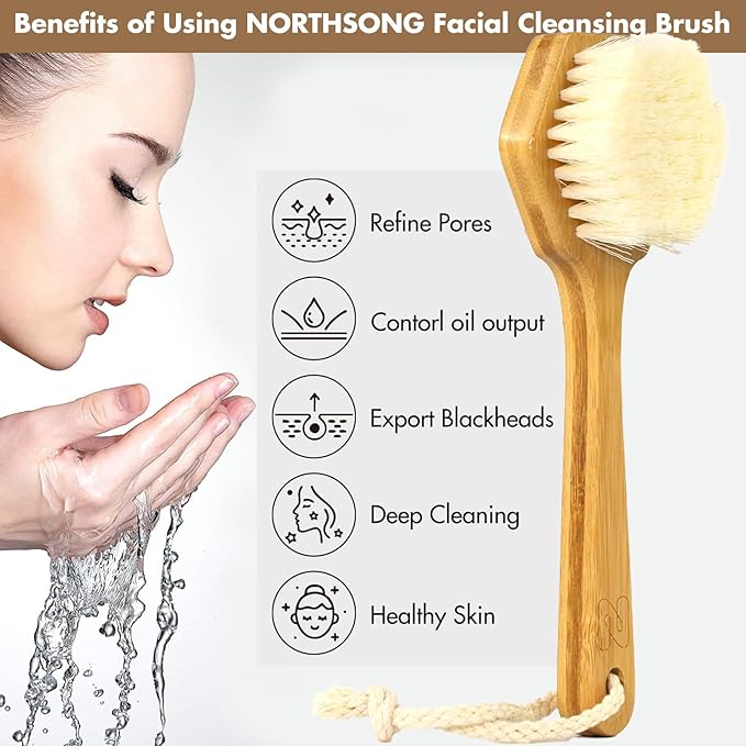 NORTHSONG Deep Cleaning Body & Face Scrubber Set Extra Long17.72Inch Bamboo Back Brush with Wild Boar Bristles&Gentle Facial Cleansing Brush for All Skin Types Ideal for Elderly, Sensitive Skin