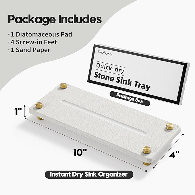 Stone Drying Tray, Gold Sink Caddy, Water Absorbing Faucet Mat Kitchen Sink Organizer, Diatomite Bathroom Counter Coaster, Soap Dish Rack Riser Dispenser Sponge Holder, Beige 10" x 4"