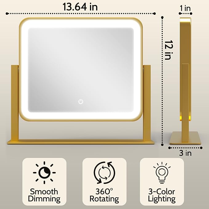 ROLOVE Gold Lighted Makeup Mirror, 14"x12" Vanity Mirror with Smart Touch Control, 3-Color Dimmable Lighting, 360° Rotation for Desk or Bedroom