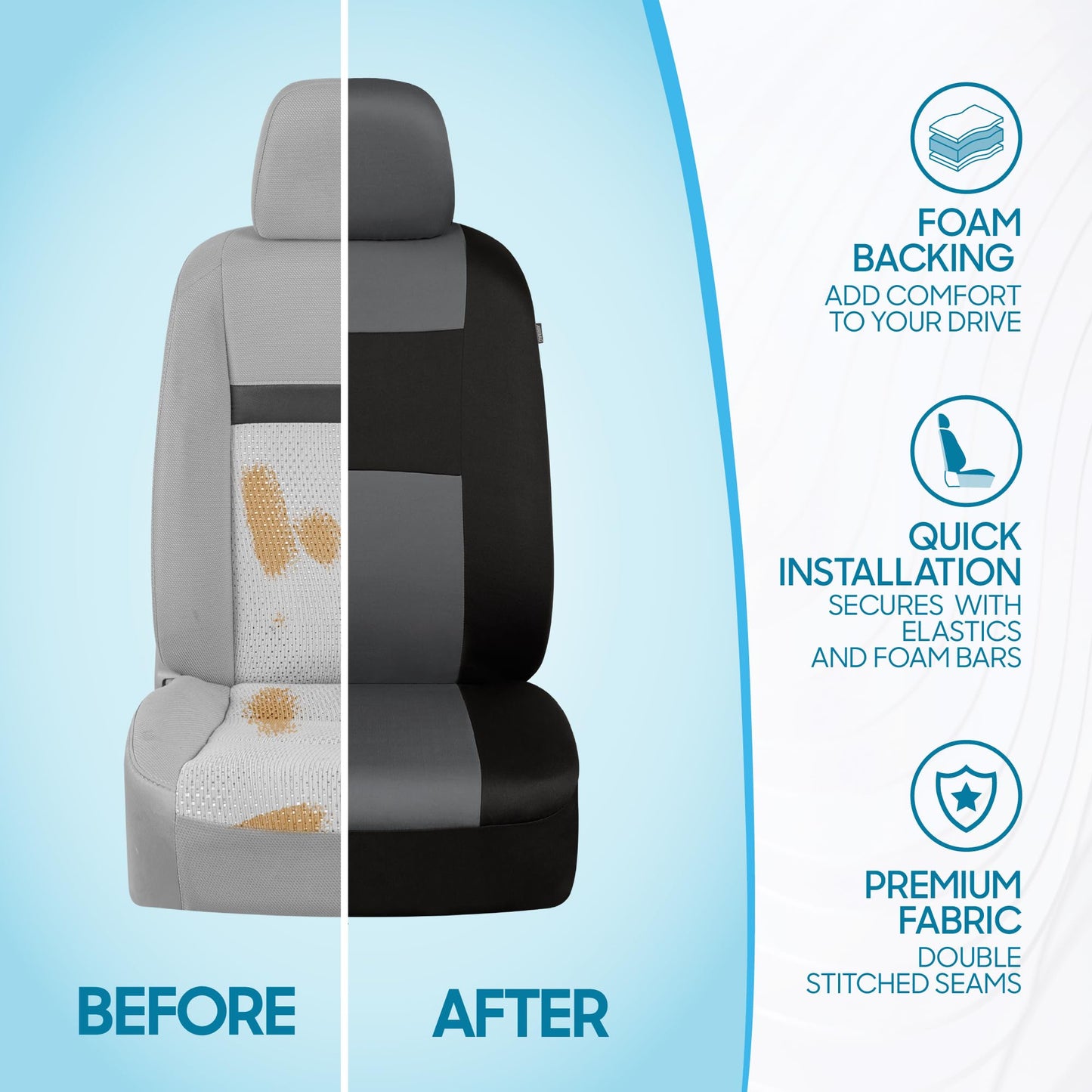 BDK PolyPro Car Seat Covers Full Set in Gray on Black, Front and Rear Split Bench Seat Covers for Cars, Easy to Install Car Seats Cover Set and Accessories for Auto Trucks Van SUV - Gray