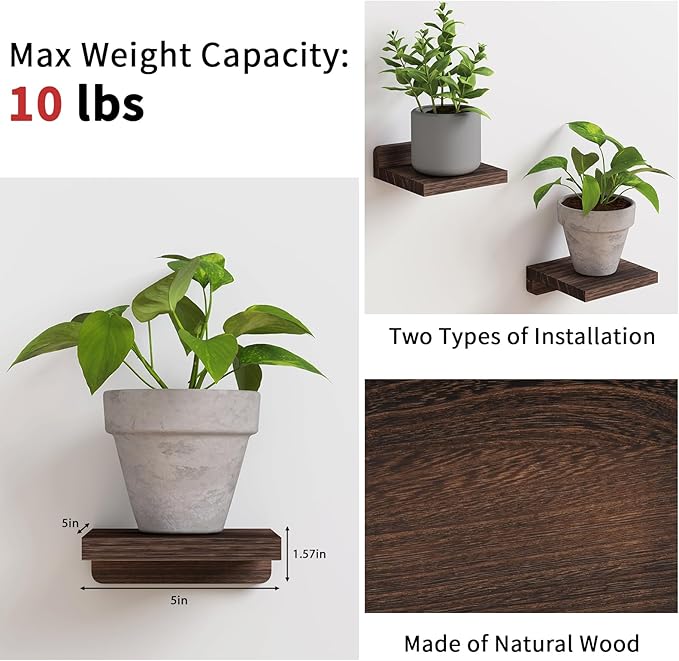 Fixwal Small Shelf for Wall, 5X5 Inches Floating Shelves Set of 4, Rustic Wood Small Wall Mounted Shelves for Bedroom, Living Room, Kitchen, Bathroom Decor (Dark Carbonized Black)