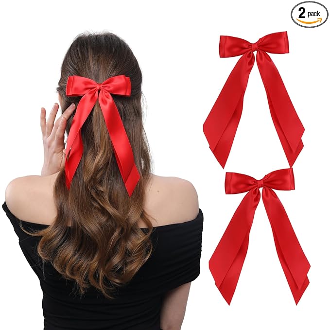 LuSeren 2 PCS Double Layer Hair Bows Red Hair Ribbon Clips Ponytail Holder Accessories for Women Girls Toddlers Teens Kids
