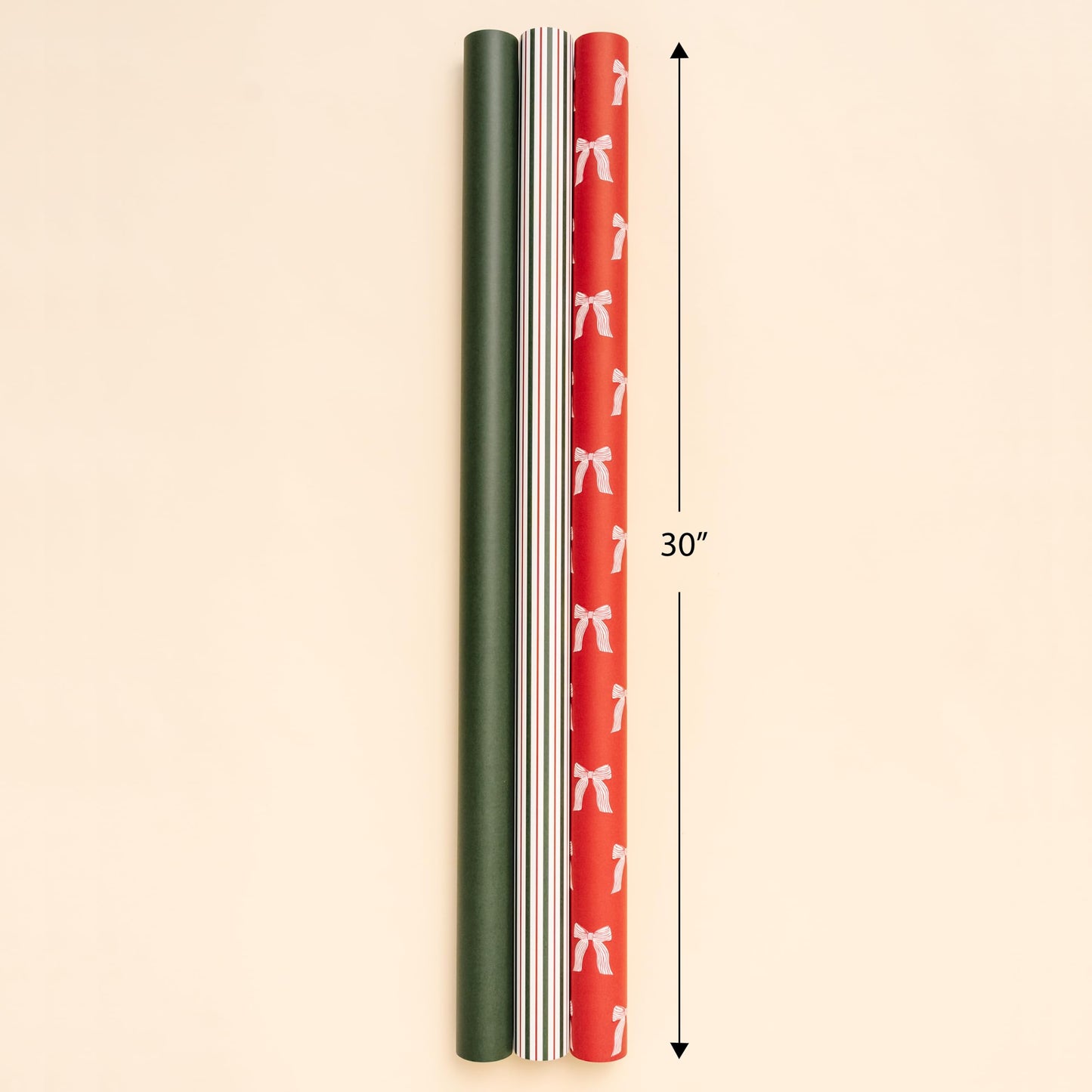 Merry Market Christmas Wrapping Paper Rolls, Premium Matte Gift Wrap, 30” x 168” Large Roll, Bows Stripes Design, Holiday Gift Wrapping